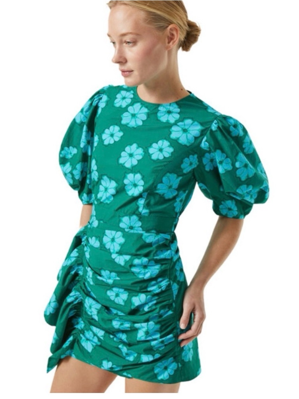 Teal Floral Puff-Sleeve Ruched Mini Dress